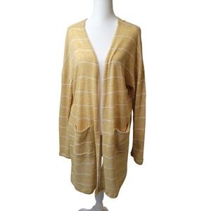 Tribal Jeans Womens Open Front Striped Cardigan Pockets Mustard Yellow‎ White XL
